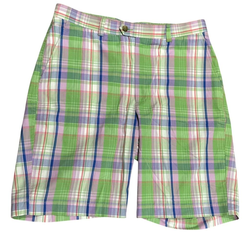 Cutter & Buck Mens Size 36 Green and Purple Plaid Golf Shorts 100% Cotton